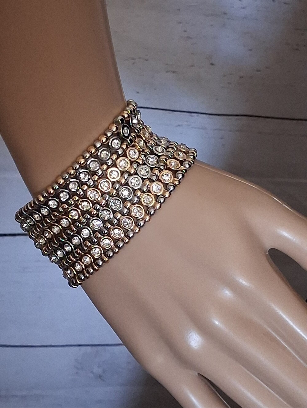 White House Black Market Gold-Tone And Silvertone Crystal Stretch Bracelet - Picture 2 of 16